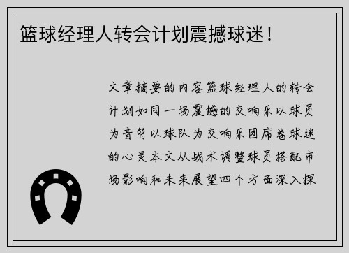 篮球经理人转会计划震撼球迷！