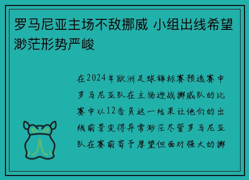 罗马尼亚主场不敌挪威 小组出线希望渺茫形势严峻