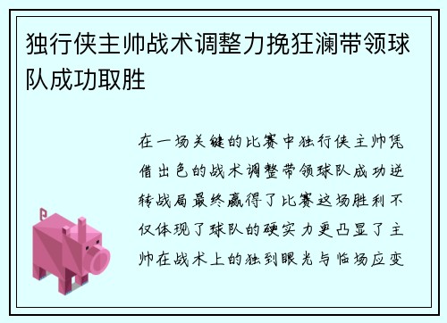 独行侠主帅战术调整力挽狂澜带领球队成功取胜